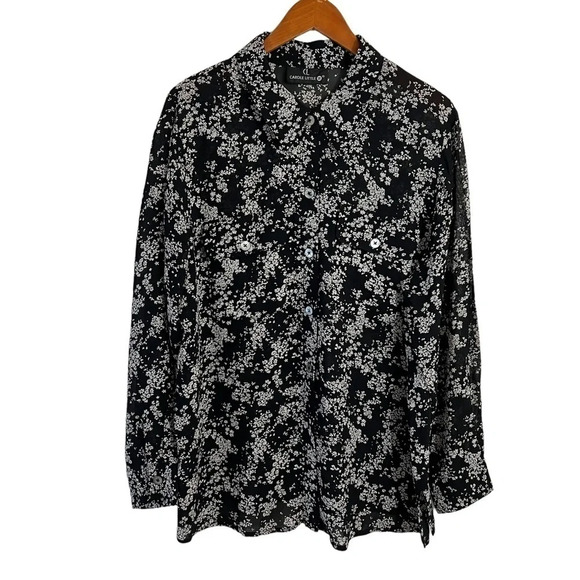 Carole Little Sheer Blouse Size 14 Black and White Dainty Flowers Pockets Thin - Picture 1 of 6